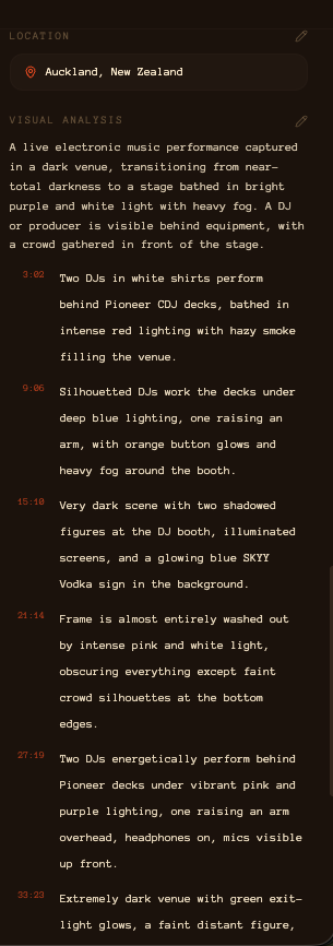 AI visual analysis: timecoded scene-by-scene descriptions — red lighting, blue silhouettes, pink and white wash, green exit-light glows