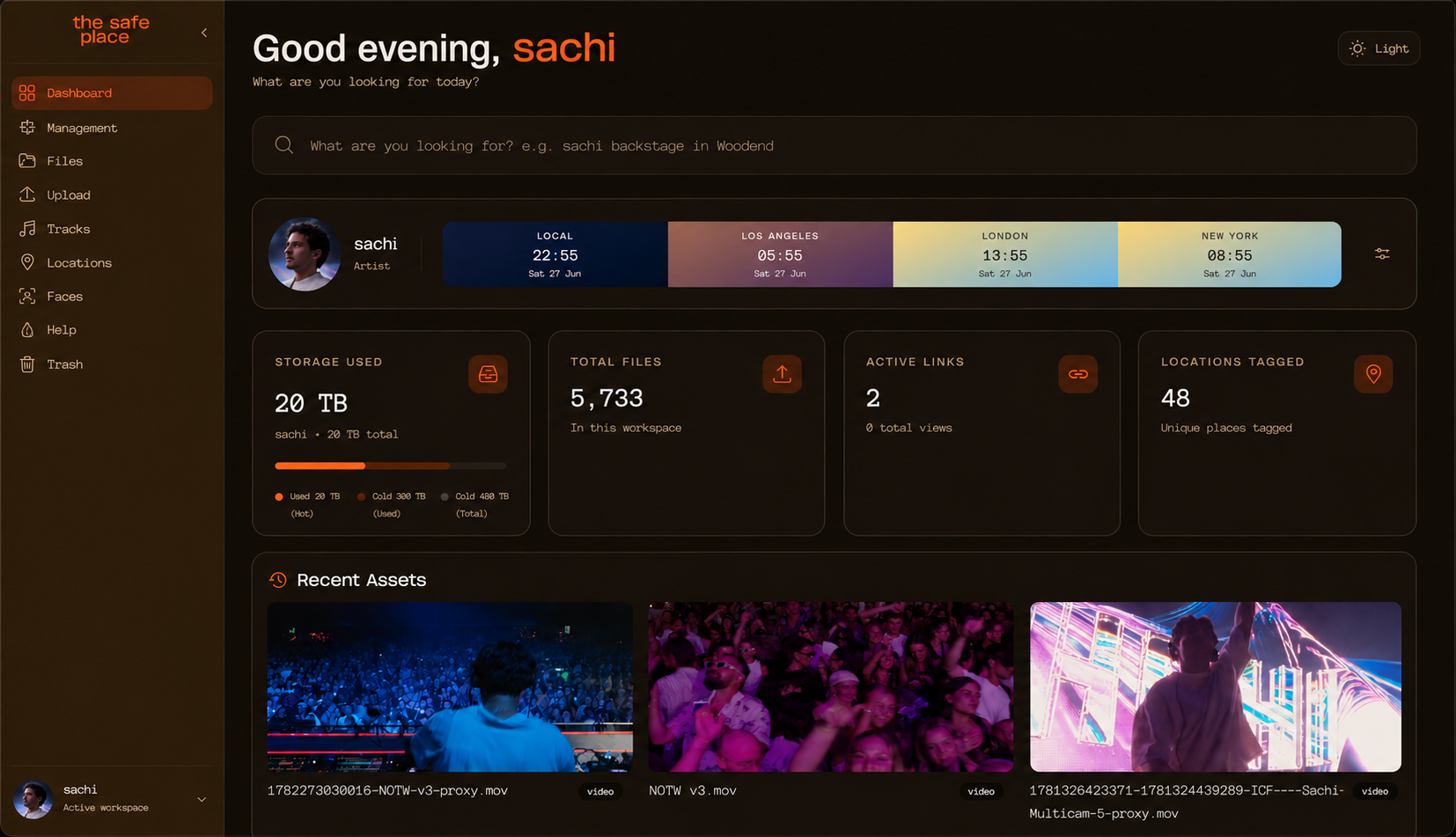 the safe place dashboard for artist sachi, showing storage used, total files, world clocks and recent uploads