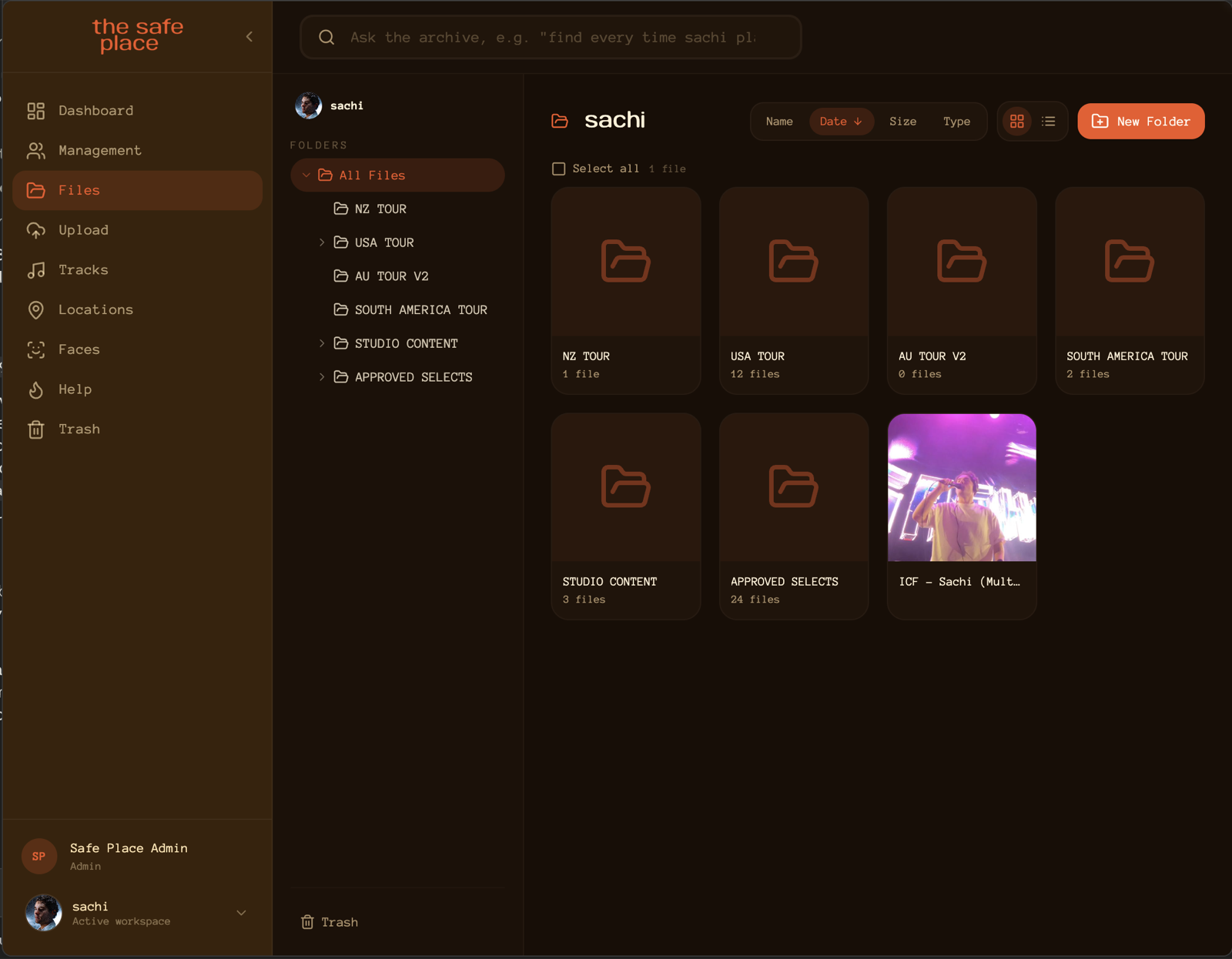the safe place files view for artist sachi — a folder grid organised by tour: NZ tour, USA tour, AU tour, South America tour, studio content and approved selects