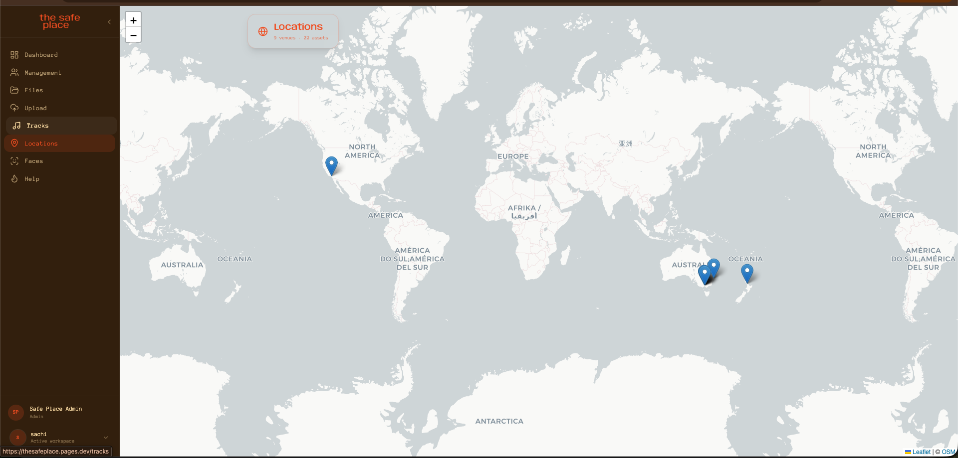 world map with venue pins marking where footage was captured, across North America and Australia/New Zealand