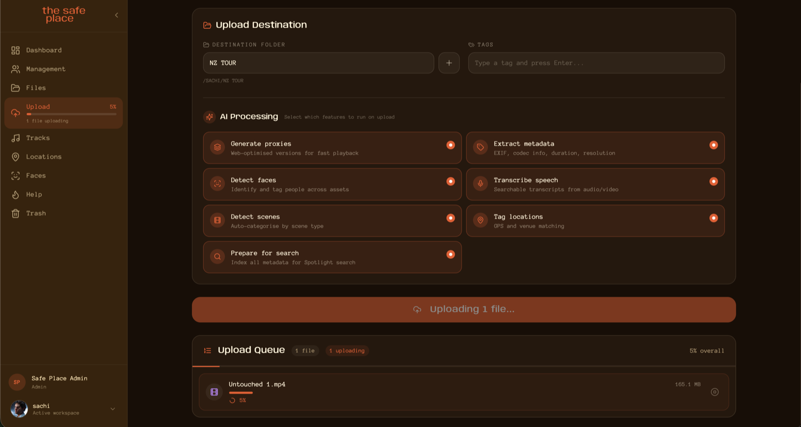 upload in progress — NZ TOUR destination folder, AI processing toggles, and an upload queue showing a file uploading at 5%